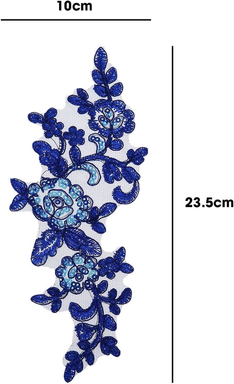 Micro Traders 2 Pairs Embroidery Sequin Lace Appliques Mirror Pair Sew On Flower Fabric Collar Patch for Motif Wedding Gown Dress Bridal Dress DIY Crafts Royal Blue, 23.5x10cm - Image 4